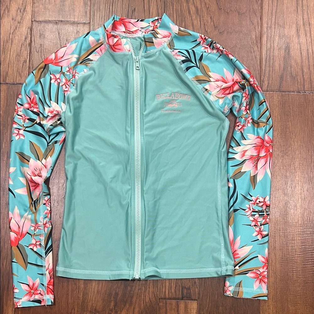 Billabong Teal Zip-Front Floral Sleeve Rash Guard